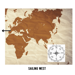 A vintage-style world map highlighting Europe with a black arrow pointing westward across the Atlantic Ocean. A compass rose in the bottom right corner indicates navigation direction. The text "Sailing West" is displayed beneath the map, referencing historical voyages of exploration.