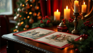 An antique book with vintage Christmas illustrations lies open on a dark wooden table, surrounded by festive decorations, candles, and pine branches. A softly lit Christmas tree with golden ornaments glows in the background, creating a warm and nostalgic holiday atmosphere.